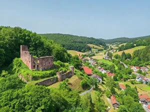 Aerial view at Freienstein castle, Odenwald, Hesse, Germany