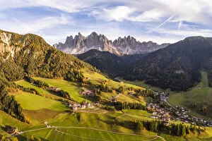 Images Dated 13th November 2017: Aerial view of Funes valley at sunset, Dolomites, Italy