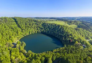 Crater Prints: Aerial view on Gemundener Maar near Daun, Eifel, Rhineland-Palatinate, Germany
