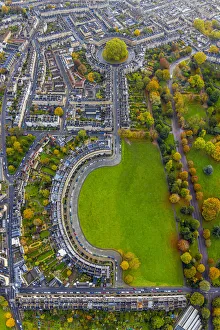 Aerial view over the Georgian city of Bath, Royal Victoria Park and Royal Cresent