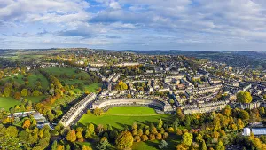 Aerial view over the Georgian city of Bath, Royal Victoria Park and Royal Cresent