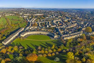 Aerial view over the Georgian city of Bath, Royal Victoria Park and Royal Cresent