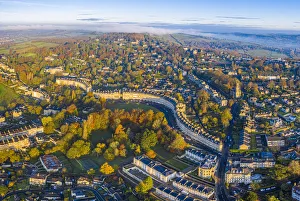 18th Century Prints: Aerial view over the Georgian city of Bath and Lansdown Cresent, Somerset, England