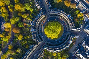 Earth From Above Prints: Aerial view over the Georgian housing of The Circus, Bath, Somerset, England