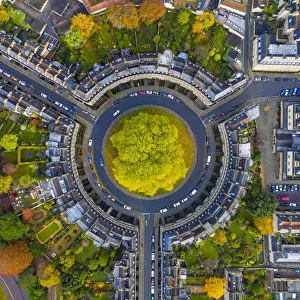 Aerial view over the Georgian housing of The Circus, Bath, Somerset, England