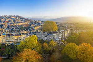 Aerial view over the Georgian housing of The Circus, Bath, Somerset, England