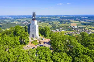 Saarland Prints: Aerial view on the german-french meeting place Schaumberg tower on the Schaumberg