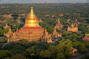 Stupas Prints: Aerial view of golden Dhammayazika temple (AKA Dhammayazaka temple), UNESCO, Pwasaw