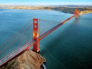 Suspension Bridge Prints: Aerial View of Golden Gate Bridge and Downtown, San Francisco, California, USA