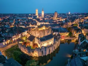 Belgium Prints: Aerial View over Gravensteen Castle at Night, Ghent, Belgiium
