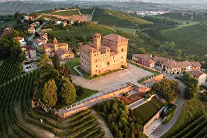 Vine Prints: Aerial view of Grinzane Cavour village at sunrise