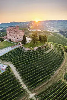 Vine Prints: Aerial view of Grinzane Cavour village at sunrise