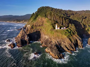 Aerial View Over Haceta Head Lighthouse & Coastline, Oregon, USA