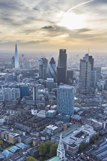 Aerial view from helicopter, City of London, and the Shard, London, England