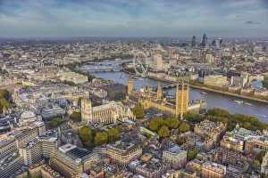 Aerial view from helicopter, Houses of Parliament, River Thames, London, England