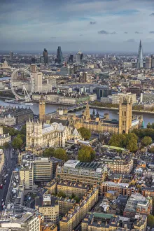 Aerial view from helicopter, Houses of Parliament, River Thames, London, England