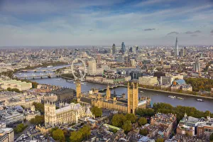 Aerial view from helicopter, Houses of Parliament, River Thames, London, England