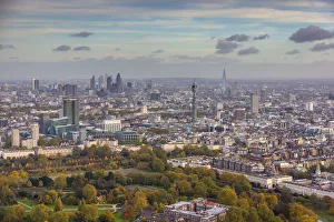 Aerial view from helicopter, Regents Park, BT Tower, The Shard & City of London, London