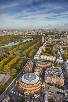Aerial view from helicopter, Royal Albert Hall & Hyde Park, London, England
