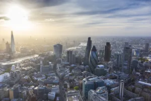 Aerial view from helicopter, The Shard & City of London, London, England