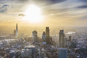 Aerial view from helicopter, The Shard & City of London, London, England