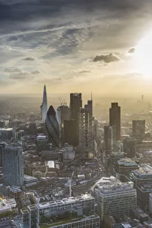 Aerial view from helicopter, The Shard & City of London, London, England