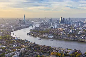 Aerial view from helicopter, The Shard, River Thames and the City of London, London