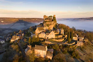 An aerial view of the hilltop village of Turenne at sunrise, Correze, Limousin