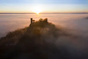 Images Dated 11th February 2020: An aerial view of the hilltop village of Turenne at sunrise, Correze, Limousin