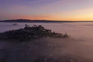 Images Dated 11th February 2020: An aerial view of the hilltop village of Turenne at sunrise, Correze, Limousin
