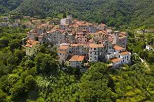 Typical House Prints: Aerial view of the historic centre of Ameglia, La Spezia province, Liguri, Italy, Europe