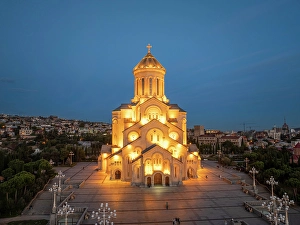 Orthodox Prints: Aerial view, Holy Trinity Cathedral at dusk, Tbilisi, Georgia