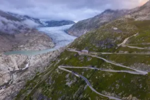 Belvedere Prints: Aerial view of Hotel Belvedere Furkapass and Rhone Glacier in summer, Uri, Canton Vallese