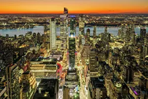 Lights Prints: Aerial view of Hudson Yards and Midtown Manhattan skyline at sunset, New York, USA