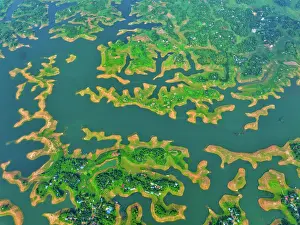 Aerial view of islands in Kaptai Lake in Rangamati District of Chittagong Division in Bangladesh