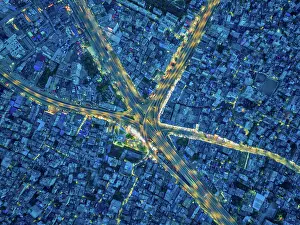 Crossroad Prints: Aerial view of Jatrabari Gulistan Flyover junction road at night in Jatrabari Thana district in Dhaka city