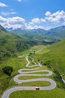 Pass Prints: Aerial view of Julier Pass in summer, Albula, Engadine, Canton of Graubunden, Switzerland