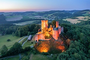 Fortresses Prints: Aerial view on Kasselburg castle at dusk, Gerolstein, Eifel, Rhineland-Palatinate, Germany