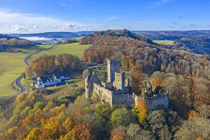 Aerial view on Kasselburg castle, Gerolstein, Eifel, Rhineland-Palatinate, Germany