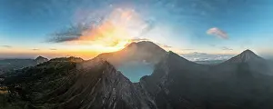 Volcanic Landscape Prints: Aerial view of Kawah Ijen volcano crater under a fiery sky at dawn