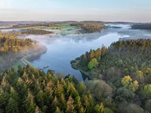 Misty Morning Prints: Aerial view of Kennick Reservoir on a misty morning in Dartmoor National Park