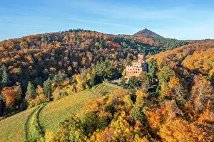 Grand Est Prints: Aerial view at Kintzheim Castle and Haut Koenigsbourg castle in the background