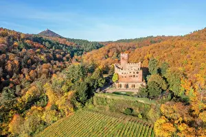 Grand Est Prints: Aerial view at Kintzheim Castle and Haut Koenigsbourg castle in the background
