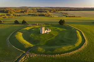 November Prints: Aerial view of Knowlton Church and neolithic Church Henge, Dorset, England