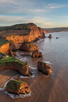 Mavic Prints: Aerial view of Ladram Bay on the East Devon coast, England. Winter (January) 2025