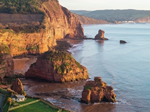 Mavic Prints: Aerial view of Ladram Bay on the East Devon coast, England. Winter (January) 2025