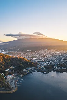 Aerial view of lake Kawaguchi and Mt Fuji at sunset, Yamanashi Prefecture, Japan
