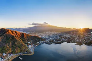 Aerial view of lake Kawaguchi and Mt Fuji at sunset, Yamanashi Prefecture, Japan