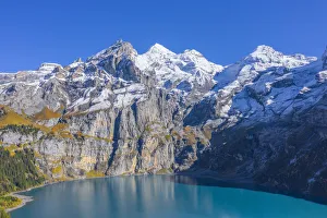 Images Dated 27th November 2019: Aerial view on Lake Oeschinen with Blumlisalp mountain range, Kandersteg, Berner Oberland