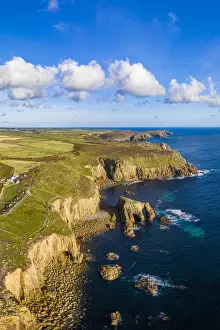 Cornish Prints: Aerial view of Lands End coastline, Penwith peninsula